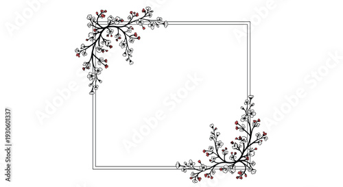 An elegant square frame with empty space for text, decorated with hand-drawn flowering branches in two opposing corners.