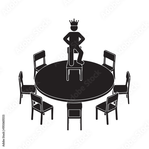 Vector icon of authoritarian boss wearing crown standing on chair at round table meeting
