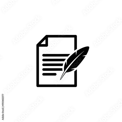 Document Icon with Feather Pen for Writing and Creativity Concepts