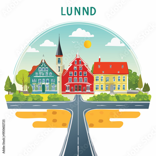 Colorful townscape illustration with buildings and roadway