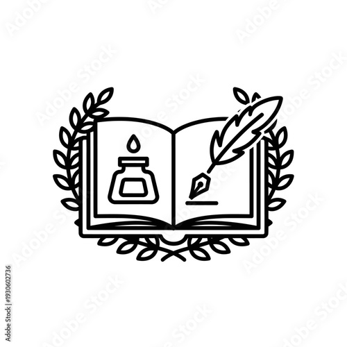 Elegant Open Book with Quill Pen and Ink Bottle Illustration for Artistic Inspiration