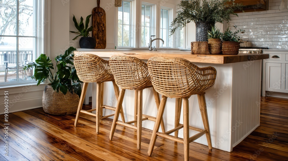 Obraz premium A kitchen island with three wicker stools and plants on wood flooring. Showcase design and lifestyle content with this bright interior.