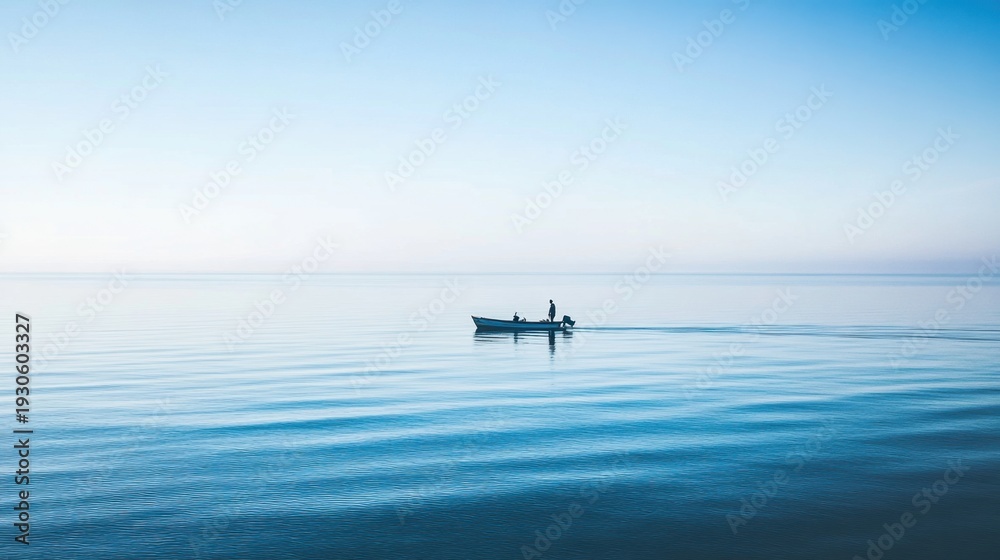 Fototapeta premium Lone Fisherman in Boat on Calm Ocean
