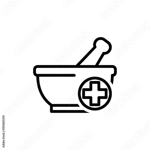 Healthcare Medicine Icon Featuring a Mortar and Pestle with Medical Cross Symbol