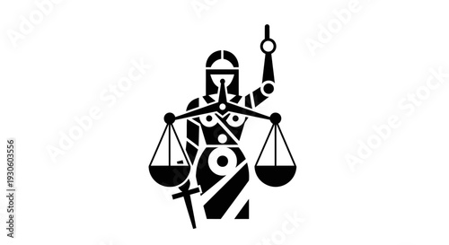 Modern Robotic Lady Justice Icon with Scales and Sword, Symbolizing AI Law and Fairness on Isolated White Background