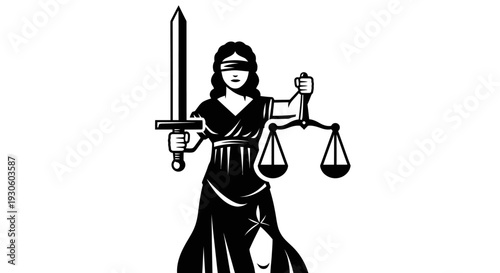 Classic Lady Justice Figure with Sword and Scales Symbolizing Law and Impartiality on Isolated White Background