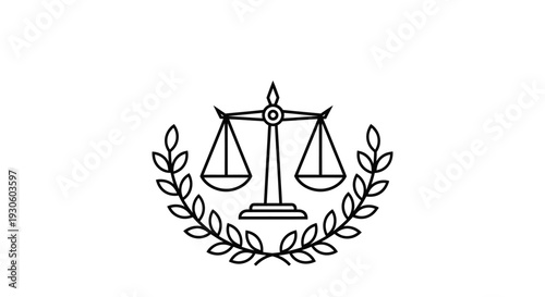 Minimalist Outline Scales of Justice with Laurel Wreath Symbolizing Law and Fairness on Isolated White Background