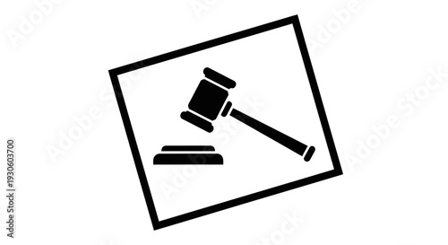 Black outline icon of a judge's gavel and sound block within a tilted square frame, isolated white background.