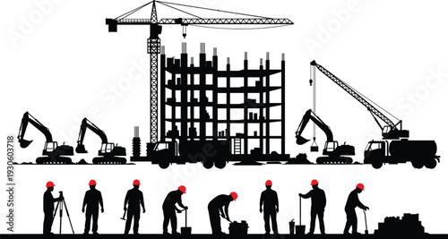 Construction site silhouettes with crane, excavators and workers in hard hats isolated on white background, building development and engineering industry concept illustration