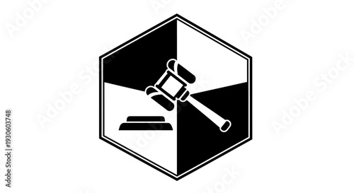 Bold hexagonal logo with a black and white split design featuring a judge's gavel and sound block, isolated white background.