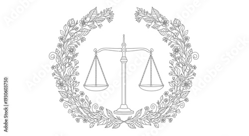 Line art drawing of scales of justice surrounded by an elegant floral wreath, isolated white background.