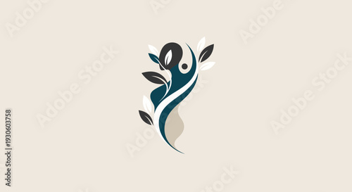 Elegant abstract human figure with flowing leaves, symbolizing nature, wellness, and organic growth, on light beige background.