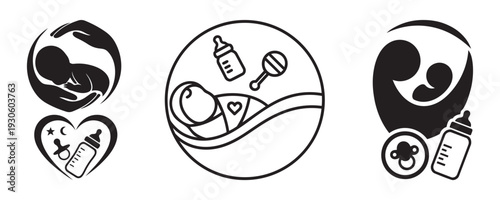 Set of newborn baby care and maternity logos featuring mother child nursing and feeding emblems