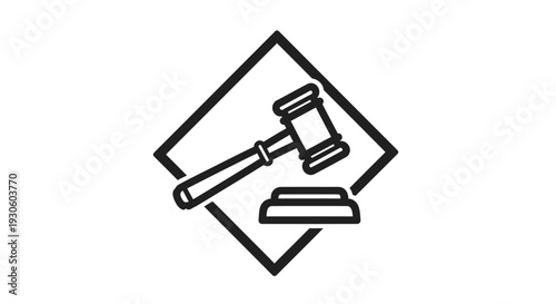 Black outline icon of a judge's gavel and sound block within a square frame, isolated white background.