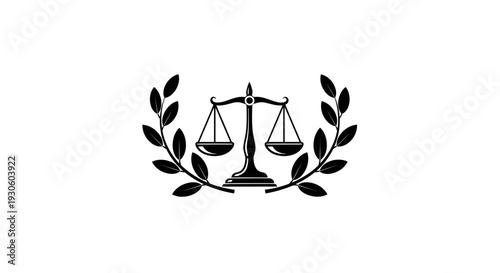 Solid Black Balance Scale Icon Enclosed by Laurel Branch on Isolated White Background