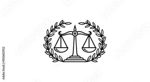 Outline Balance Scale Icon with Laurel Wreath Symbolizing Justice on Isolated White Background
