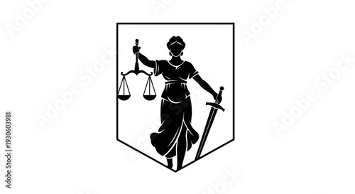 Lady Justice Emblem with Scales and Sword in Shield Design on Isolated White Background