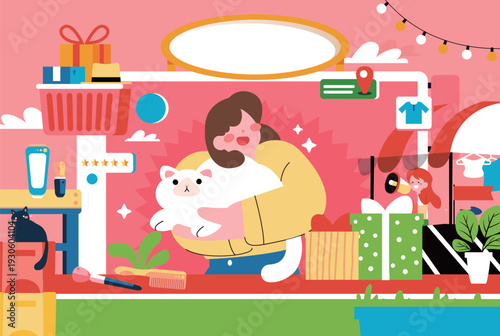 Kitten Pet Care Vector Flat Illustration for E-commerce Shopping Festival