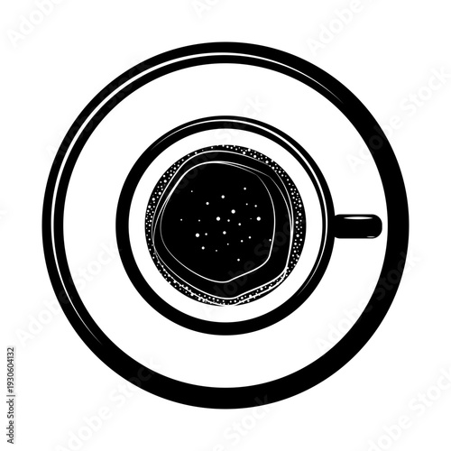 Top view of a minimalist black and white coffee cup illustration on a saucer