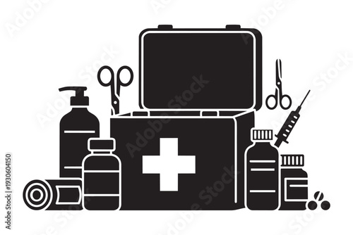First aid kit vector illustration. medical supplies and emergency tools graphic design