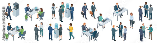 Isometric Business People Set: Vector Office Workers Working, Talking, Meeting, Drinking Water and Coffee