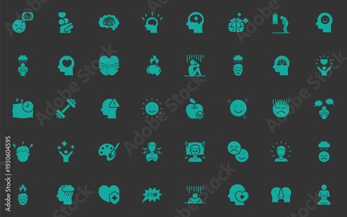 set of mental health icons, negative thinking, positive thinking, stress