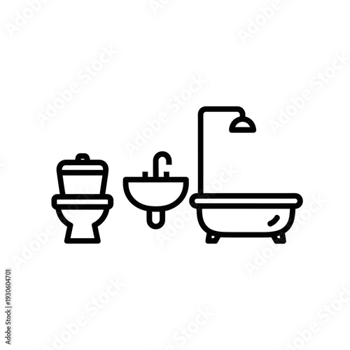 Minimalist Bathroom Fixtures Line Art Illustration with Toilet Sink and Bathtub