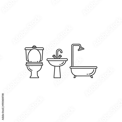 Minimalist Bathroom Fixtures Line Art Illustration with Toilet Sink and Bathtub