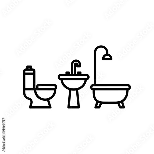 Minimalist Bathroom Fixtures with Toilet, Sink, and Bathtub Illustration