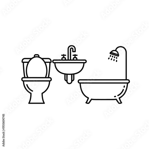 Minimalist Bathroom Fixtures: Toilet, Sink, and Bathtub Illustration