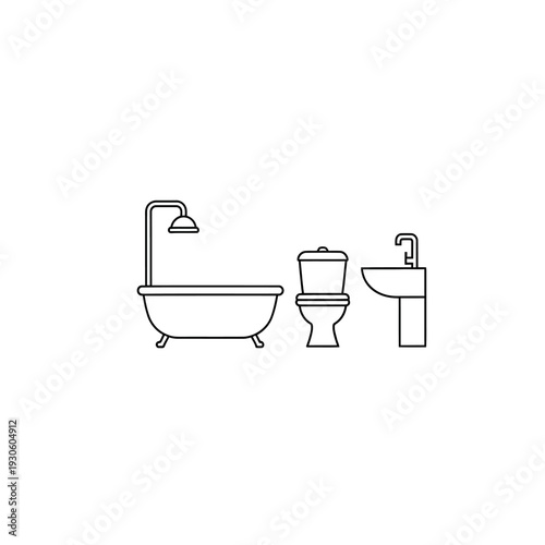 Minimalist Bathroom Scene Featuring Bathtub Toilet and Sink in Line Art Style