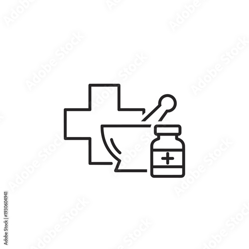 Medical and Healthcare Symbols Featuring Cross, Bowl, and Medicine Bottle
