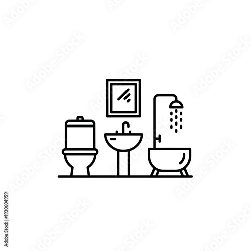 Minimalist Bathroom Scene with Toilet, Sink, and Shower in Black Line Art