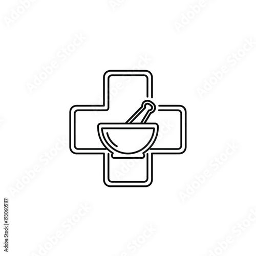Medical Cross Symbol Featuring Mortar and Pestle for Pharmacy and Healthcare Concept