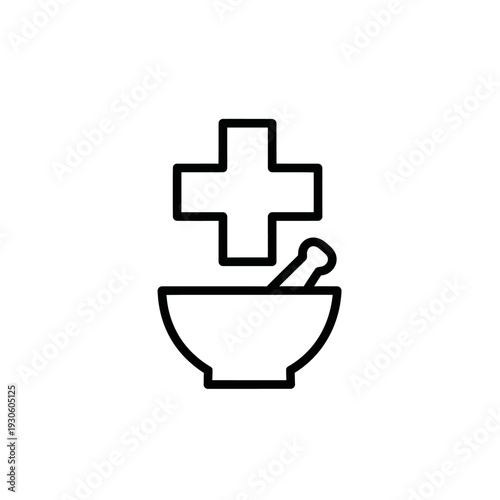 Medical Cross Symbol with Bowl and Pill Icon for Healthcare Concept