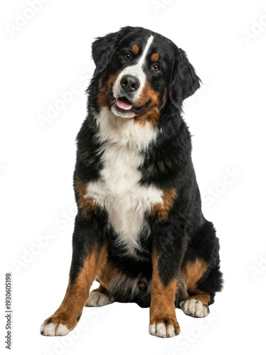 Bernese Mountain Dog Sitting Isolated on White Background