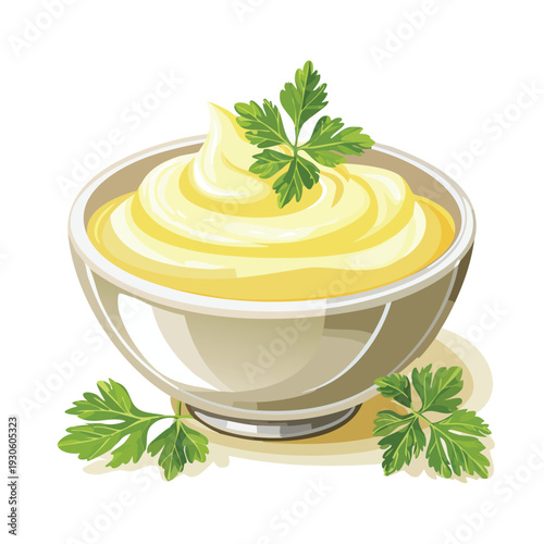 Creamy sauce in a bowl with parsley garnish illustration