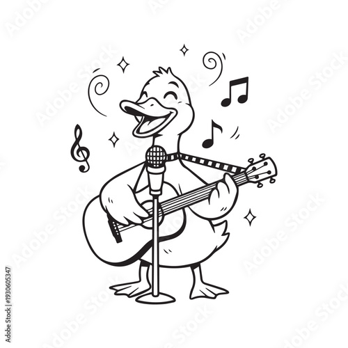 Funny duck playing acoustic guitar and singing into a microphone. Cute bird musician doodle sketch. Black and white line art vector illustration with text It's me hi.
