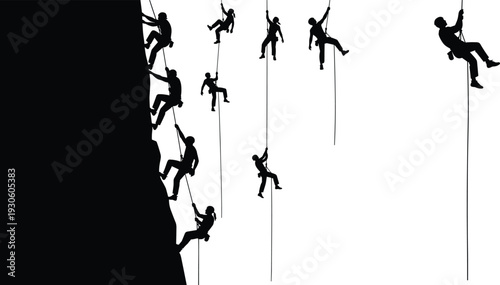 Multiple rock climber silhouettes on cliff wall isolated on white background, rappelling and ascending with ropes, extreme mountaineering adventure sport concept illustration
