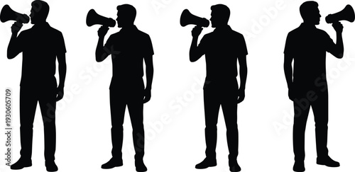 Four black silhouettes of men in profile holding and speaking into megaphones, conveying messages of announcement or protest on a white background