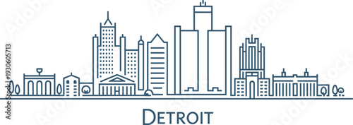 Minimalist line of the Detroit skyline featuring iconic buildings and the city name below in a clean modern font