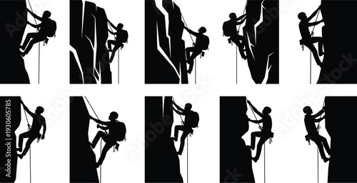 Rock climber silhouettes collection isolated on white background, mountaineering and rappelling poses on cliff wall, extreme sport adventure concept illustration set