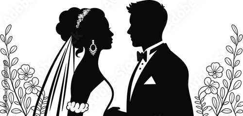 Silhouette of a bride and groom on their wedding day adorned with floral creating a romantic and celebratory atmosphere for a marriage ceremony