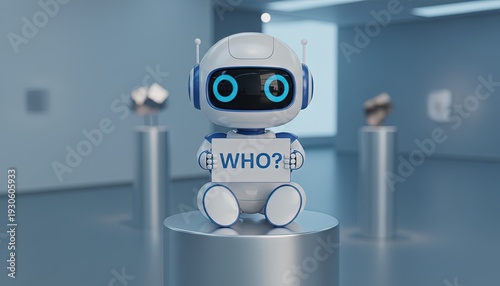 Cute robot with 'WHO?' sign, art gallery setting, showcasing question of identity