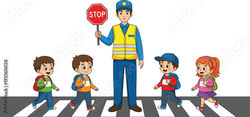 School crossing guard holding stop sign helping children safely cross street at zebra crossing, traffic safety education concept colorful illustration
