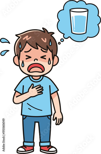 Thirsty boy sweating and thinking about water glass dehydration cartoon vector illustration