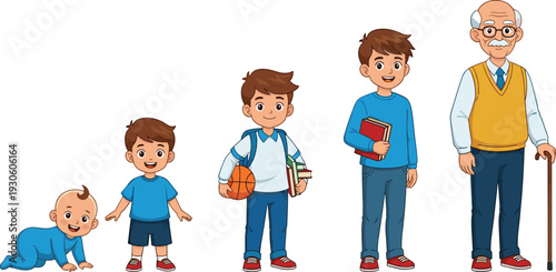 Stages of male human life from baby to elderly man cartoon character development illustration