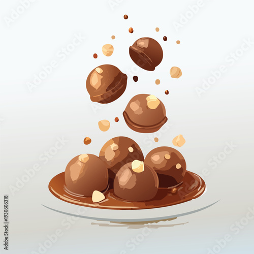 Chocolate candies in rich brown sauce on a clear plate