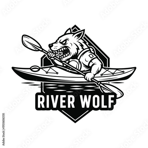 Aggressive wolf kayaking on river, paddling with determination and focus, logo design.
