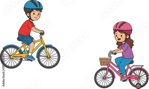 Cute boy and girl riding bicycles with helmets, cartoon children cycling illustration isolated on white background safety concept